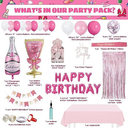 Party Spot! 103 pcs Pink Birthday Decorations, Pink Decorations for Party, Balloon Arch, Tablecloth, Banner, Fringe Curtain, Birthday Decoration for Women, Pink Party Decorations