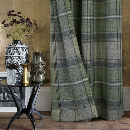 always4u Woolen Look Plaid Curtains Modern Window Panels Green Check Tartan Curtains for Living Room Bedroom 2 Panels Green 45  84 Inches