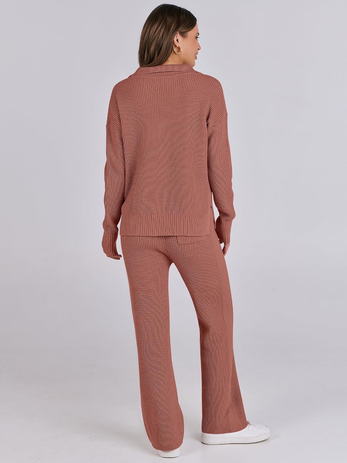 ANRABESS Women Two Piece Outfits Sweater Sets Lounge Waffle Knit Pullover Matching Wide Leg Pants Tracksuit 2025 Fall Fashion Medium