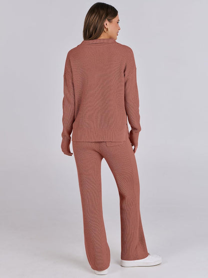 ANRABESS Women Two Piece Outfits Sweater Sets Lounge Waffle Knit Pullover Matching Wide Leg Pants Tracksuit 2025 Fall Fashion Medium