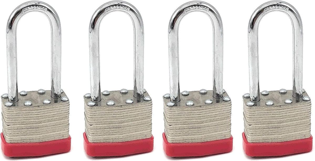 40mm Keyed Alike Laminated Steel Long Shackle Padlock, 1 3/4" Wide x 2 3/4" Shackle Size (4 Pack)
