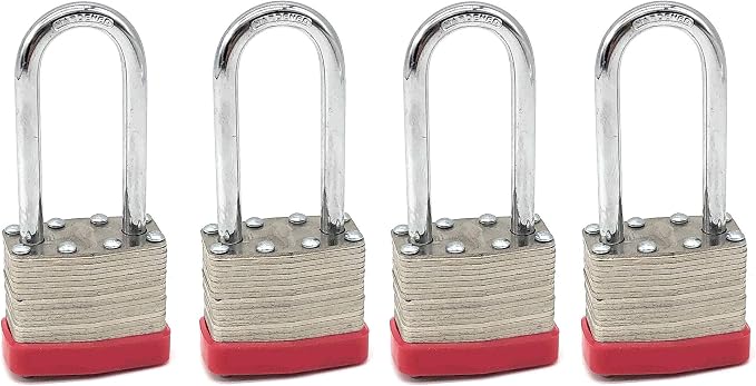 40mm Keyed Alike Laminated Steel Long Shackle Padlock, 1 3/4" Wide x 2 3/4" Shackle Size (4 Pack)