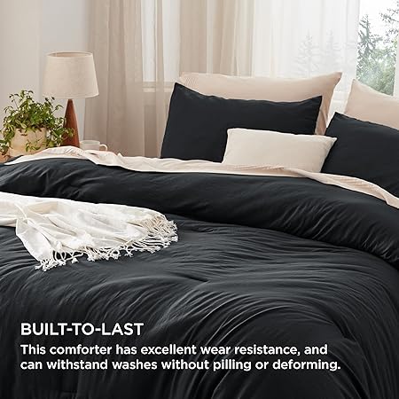 Bedsure Queen Size Comforter Set, Black Soft Prewashed Bedding for All Seasons, 3 Pieces GentleSoftTM Warm Down Alternative Bed Set, 1 Lightweight Comforter (90"x90") and 2 Pillowcases (20"x26")