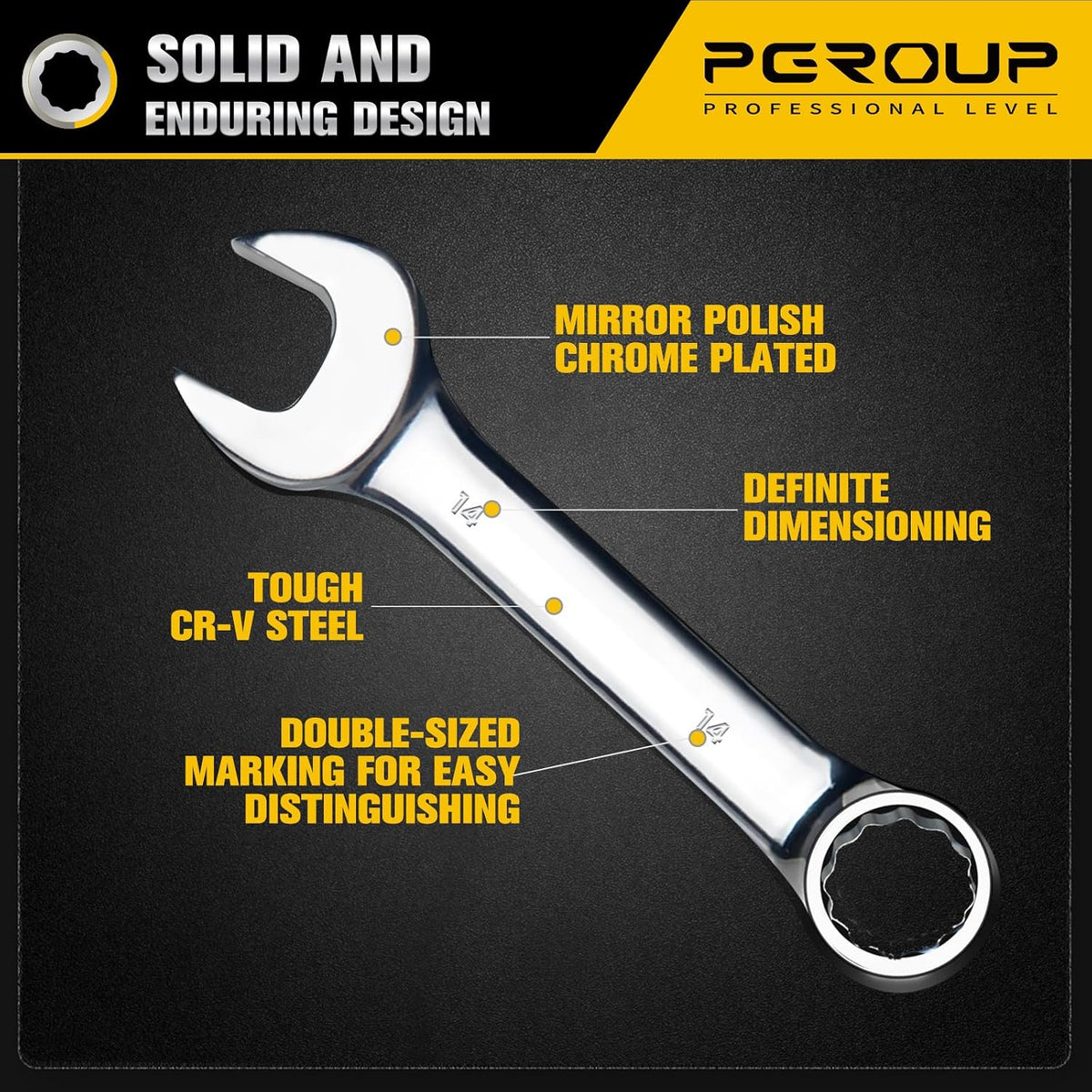 14 mm Metric Stubby Combination Wrench, CR-V Steel with Mirror Polish, 12-Point Design, 15-Degree Offset, Perfect for Auto Repair, Household, Car & Truck Emergency