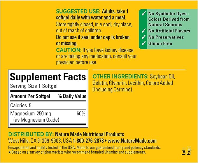 Nature Made Magnesium 250 mg, Magnesium Supplement for Muscle, Heart, Bone and Nerve Support, 90 Softgels, 90 Day Supply