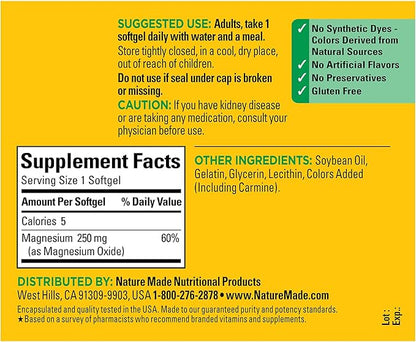 Nature Made Magnesium 250 mg, Magnesium Supplement for Muscle, Heart, Bone and Nerve Support, 90 Softgels, 90 Day Supply