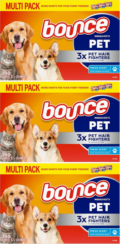 Bounce Pet Hair and Lint Guard Fabric Softener Dryer Sheets | Fresh Scent | 3X Pet Hair Fighters | Mega Sheets | 180 Count, Pack of 3