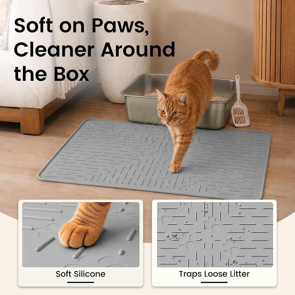 OHMO Cat Litter Mat Trapping Mat Premium Silicone Rubber 23.5x16 Grey, Waterproof and BPA Free Kitty Litter Box Mat, Easy to Clean and Keeps The Floor Tidy