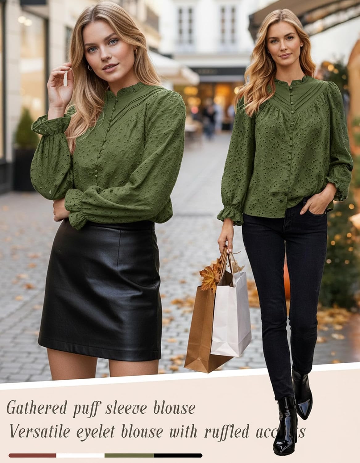 Women's Long Sleeve Eyelet Tops Dressy Cotton Button Shirts v Neck Lace Floral Embroidered Peplum Blouses