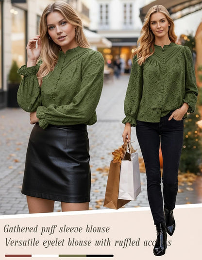 Women's Long Sleeve Eyelet Tops Dressy Cotton Button Shirts v Neck Lace Floral Embroidered Peplum Blouses