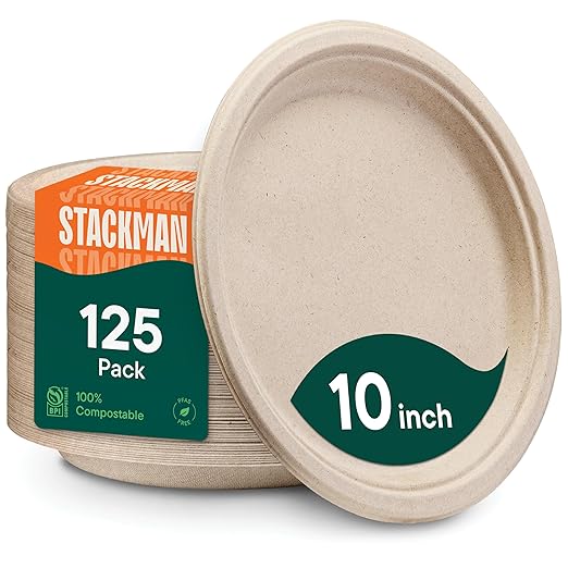Paper Plates, 100% Compostable Heavy Duty Disposable 10 Inch Plate - [125-Pack] - {PFAS-Free} - {BPI Certified} Eco-Friendly, Biodegradable Bagasse