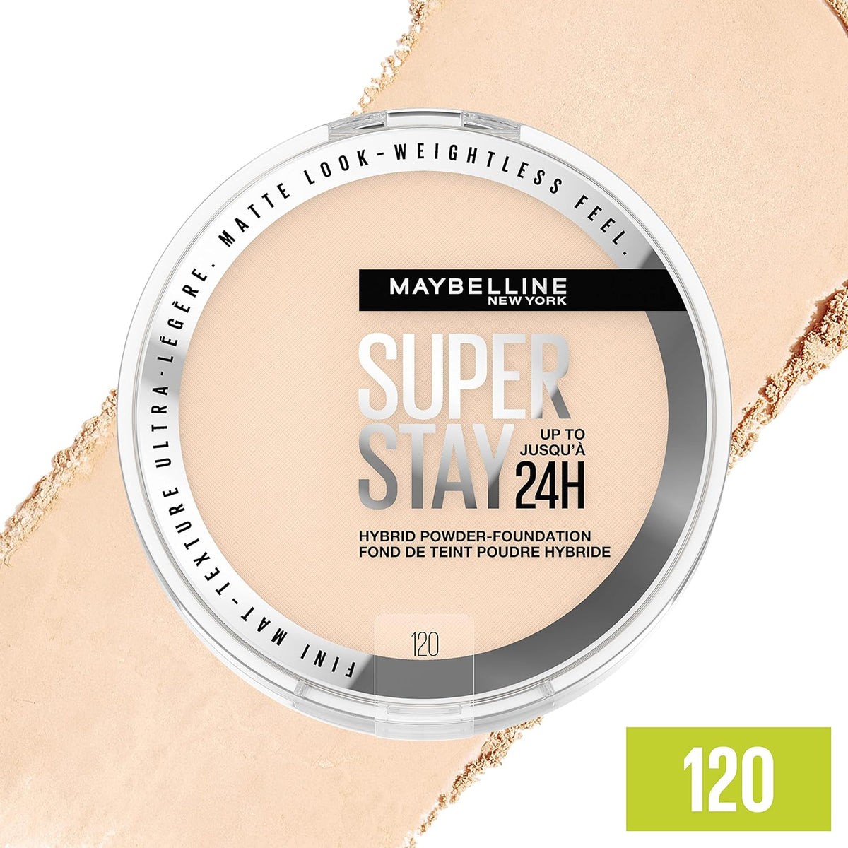 Maybelline Super Stay Up to 24HR Hybrid Powder-Foundation, Medium-to-Full Coverage Makeup, Matte Finish, 120, 1 Count ( No Original Box )