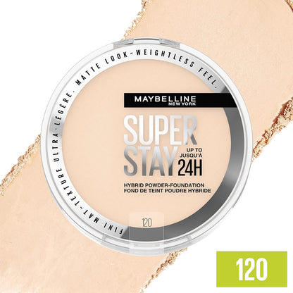 Maybelline Super Stay Up to 24HR Hybrid Powder-Foundation, Medium-to-Full Coverage Makeup, Matte Finish, 120, 1 Count ( No Original Box )