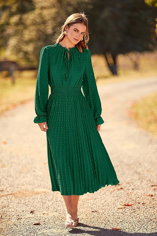 PRETTYGARDEN Women's 2025 Spring Fall Midi Dress Casual Long Sleeve V Neck Swiss Dot Pleated A Line Flowy Dresses