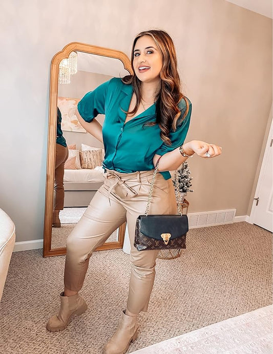 Chigant Women's Short Sleeve Satin Blouse Button Down Tops Casual Office Work Shirt S-XXL