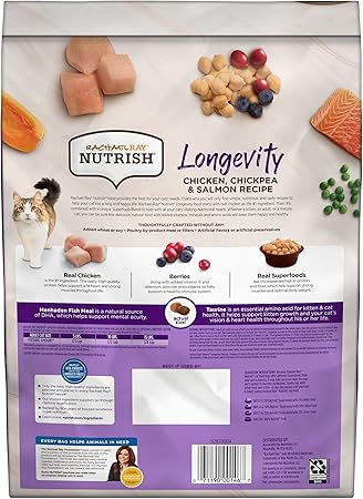 Rachael Ray Nutrish Longevity Premium Natural Dry Cat Food, Chicken with Chickpeas  Salmon Recipe, 6 Pounds (Packaging May Vary)