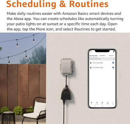 Basics Outdoor Smart Plug with 2 Individually Controlled Outlets, Works with Alexa Only, 2.4 GHz Wi-Fi, No Hub Required, Black