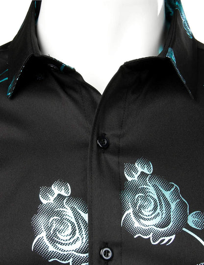 Mens Hipster 3D Golden Rose Floral Printed Slim Fit Long Sleeve Button Down Dress Shirts