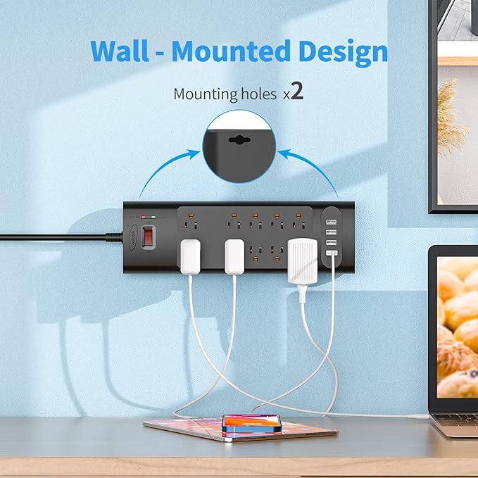 Power Strip, Bototek 6ft Surge Protector with 10 AC Outlets and 4 USB Ports,1875W/15A, 2100 Joules, 6 Feet Long Extension Cord for Home, Office, Dorm Essentials, 2100 Joules