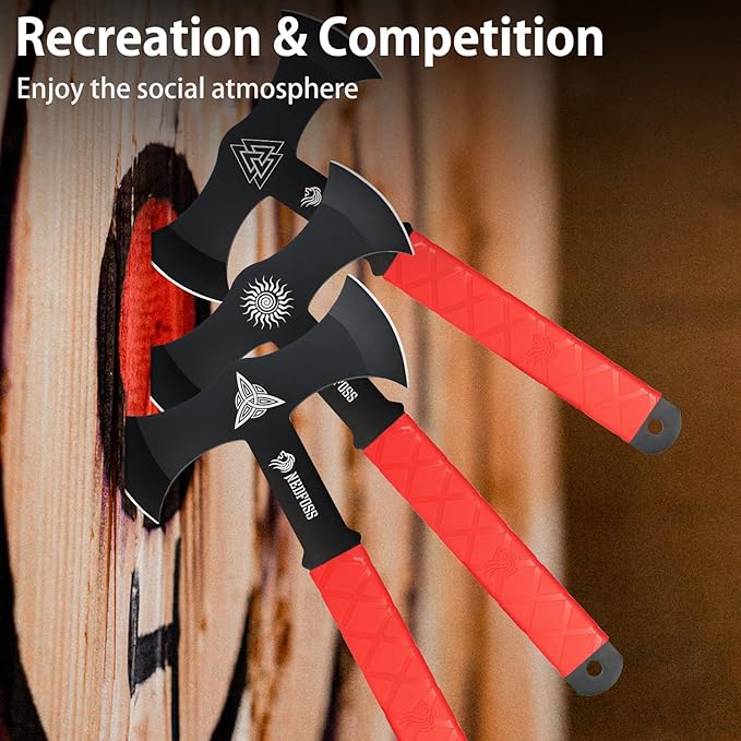NedFoss Throwing Axes and Tomahawks with Innovative TPR Rubber Handle, 11.9" Full Tang Double Bit Throwing Axe Set with Sheath, Viking Axe Throwing Game for Recreation and Competition