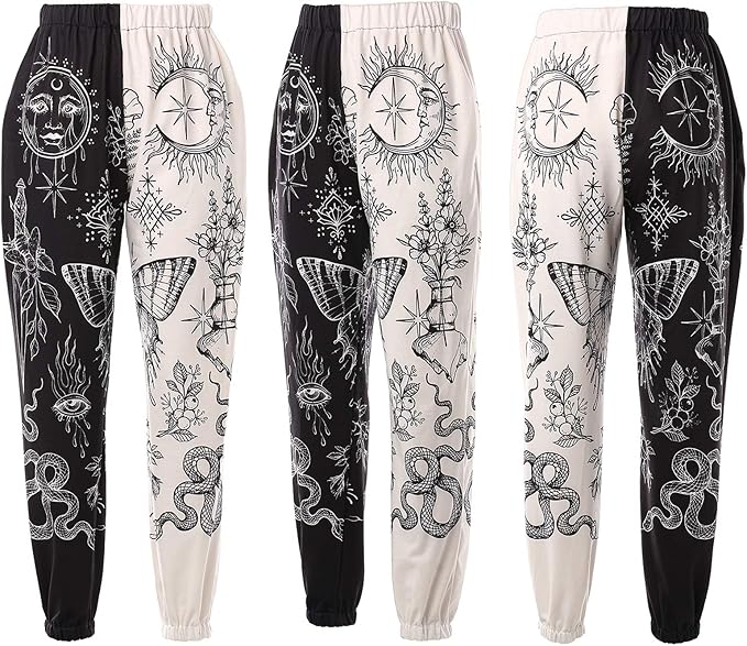 Women Printed Baggy Sweatpants Pockets High Waist Joggers Pants Contrast Color Sporty Athletic Lounge Trousers