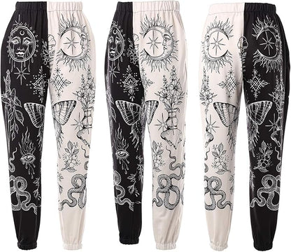 Women Printed Baggy Sweatpants Pockets High Waist Joggers Pants Contrast Color Sporty Athletic Lounge Trousers