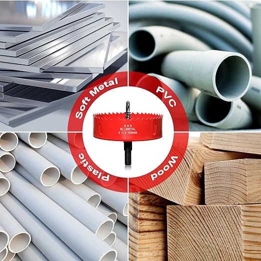 Hole Saw 4 18 (105mm) for Wood and Plastic, HSS Bi-Metal Hole Cutter Core Drill Bit for Drywall, PVC Boards, Fiberglass and Vent Pipes