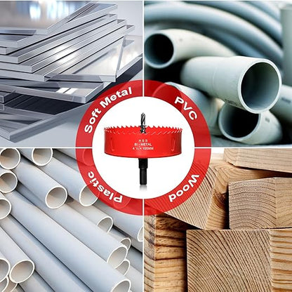 Hole Saw 4 18 (105mm) for Wood and Plastic, HSS Bi-Metal Hole Cutter Core Drill Bit for Drywall, PVC Boards, Fiberglass and Vent Pipes