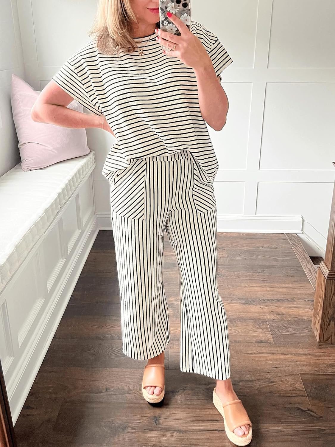 Tankaneo Women's Striped 2-Piece Lounge Set, Short Sleeve Top & Wide Leg Pants