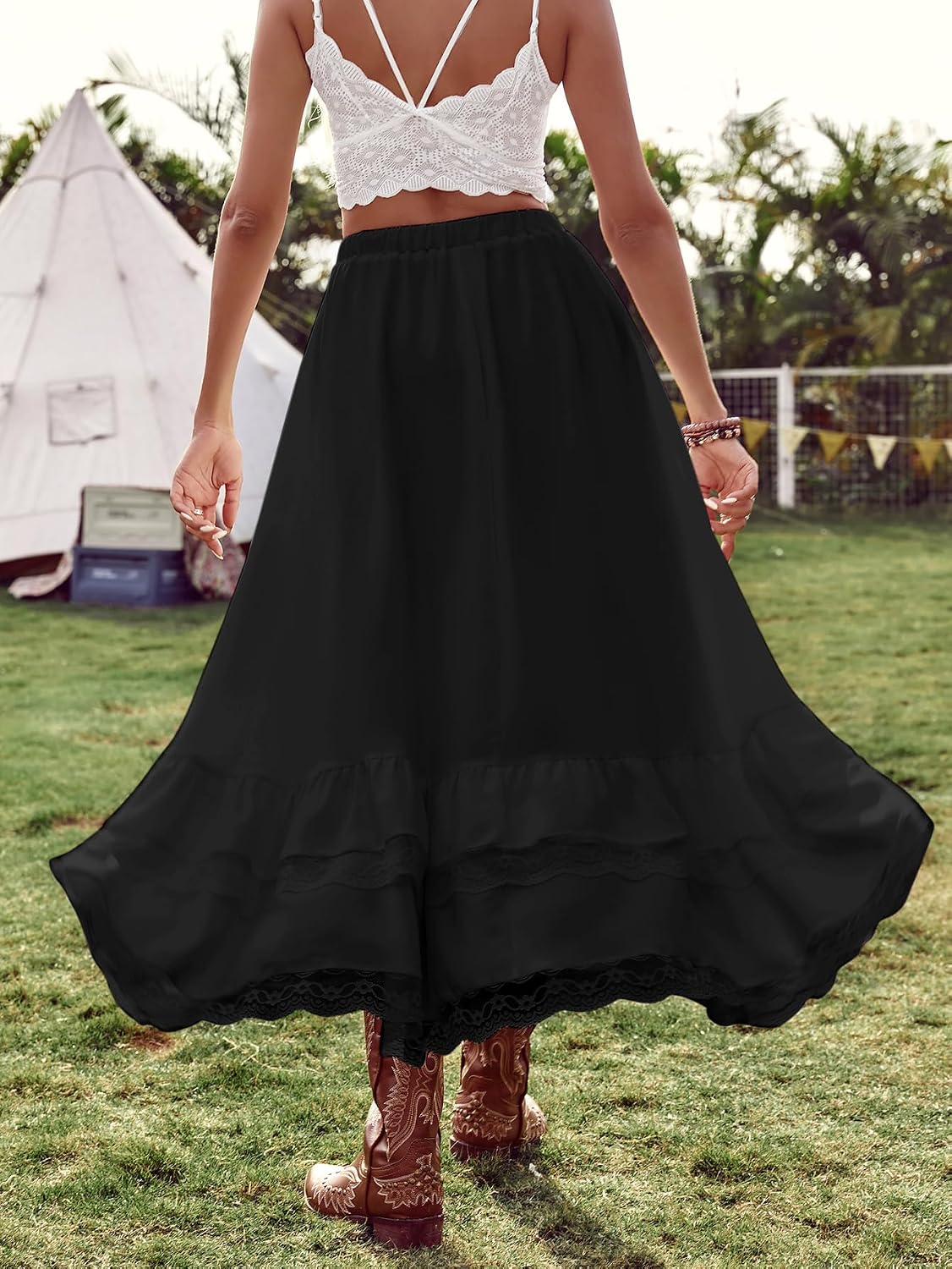 Verdusa Women's Western Cowgirl Lace Skirt Boho Asymmetrical Skirts Country Concert Outfits