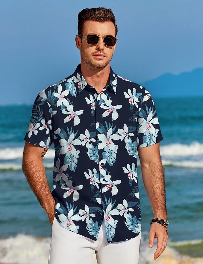 COOFANDY Mens Hawaiian Shirt Short Sleeve Button Down Shirts Tropical Floral Summer Beach Shirts