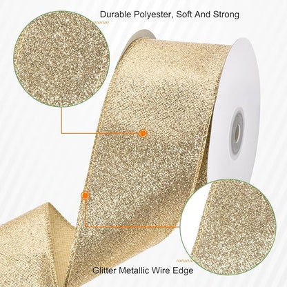 MECCANIXITY 2.5 Inch Glitter Wired Ribbon, Light Gold Sparkly Iridescent Ribbon 10 Yard for Christmas Tree Wreath Decoration Gift Wrapping, with Metallic Edge