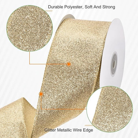 MECCANIXITY 2.5 Inch Glitter Wired Ribbon, Light Gold Sparkly Iridescent Ribbon 10 Yard for Christmas Tree Wreath Decoration Gift Wrapping, with Metallic Edge