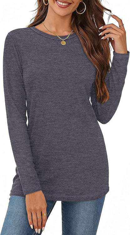 Light Grey Color Women Long Sleeve Shirts Casual Dressy Soft Basic Tee Loose Fit Tunic Tops | Fall Tops, Soft & Breathable, Crew Neck, cotton, School Outfits, Teacher T-shirts, Winter Clothes, Solo or Layered, 2026