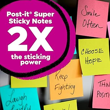 Post-it Super Sticky Notes, 3x3 in, 24 PadsPack, 70 SheetsPad,  Exclusive Bright Color Collection, Aqua Splash, Acid Lime, Tropical Pink and Iris Infusion