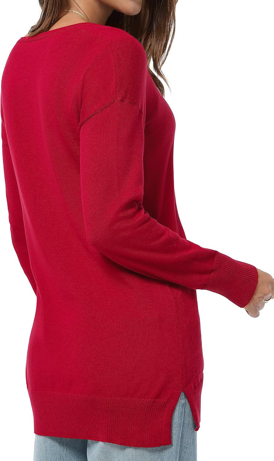 QUALFORT Women's V-Neck Long Sweater Lightweight Pullover Tunic Cotton Sweaters Long Sleeve Knit Comfort Causal Tops