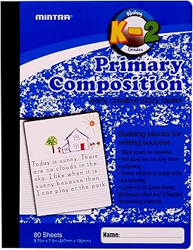 Mintra Office Composition Notebooks, Primary Ruled, (4 Pack, Blue Cover), 80 Sheets. Creative, Hardcover Book, Grade K-2, 7.5in x 9.75in, For School, Home, Business, Office