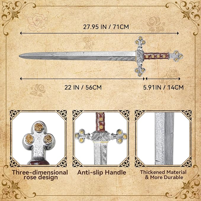 Crusader Knight Toy Sword,27.5" Plastics Sword Medieval Warrior Costume Accessories for Halloween Cosplay LARP,Props