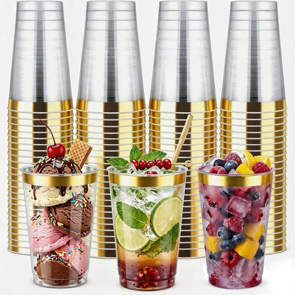 Byvivace 12oz Clear Plastic Cups with Gold Rimmed Sturdy & Food Safe Disposable Wine Glasses Wedding Cups Party Cups Plastic Cocktail Glasses for Wine, Juice, Cocktails and Cold Beverages [25 Pack]