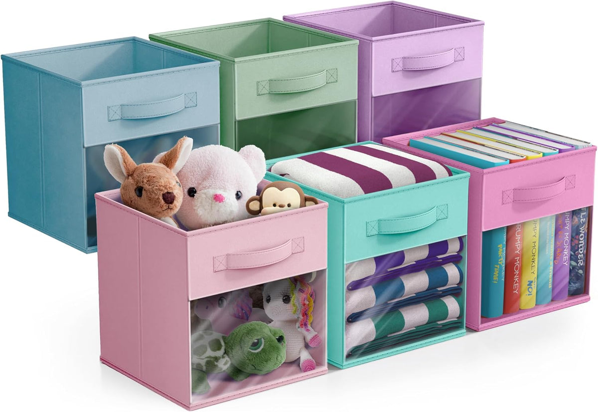 Sorbus Storage Bins with Clear Window, 6 Pack (11", Pastel Multi-Color 2) Foldable baskets with carry handles and sturdy collapsible fabric construction for clothes, books and shelves.