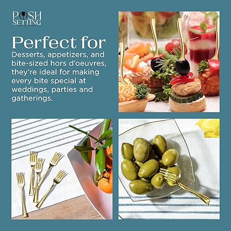 Posh Setting - Plastic Mini Forks, Gold Mini Forks, Gold Plastic Mini Dessert Forks, Disposable Tiny Gold Forks, 4 inch Gold Plastic Forks, Taster Forks, Small Forks, Appetizer Forks (36 Pack)