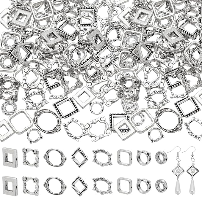 PH PandaHall 112pcs 8 Styles Bead Frames, Double Hole Frame Spacer Beads SquareOvalRound Bead Hugger Frame Connectors for DIY Earring Bracelet Necklace Jewelry Crafts Making, Antique Silver