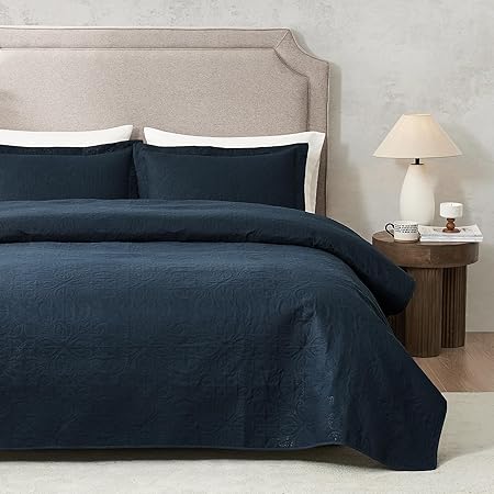 Hansleep Navy Quilt Queen Size - Baroque Ultrasonic All Season Bedspread Queen, Soft Lightweight Coverlet Bedding Set, 3 Pieces (1 Quilt, 2 Pillow Shams)