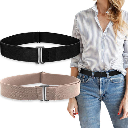 HAWOWZ 2Pcs No Show Stretch Belt for Women Invisible Elastic Tuck Band, Adjustable Strap Crop Belt with Flat Buckle for Jeans Pants Dresses