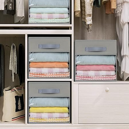 Foldable Storage Cubes Set of 2 Non-Woven Fabric Clothes Organizer with Handles Collapsible Storage Bins Clear Front Window Open-Top Storage Boxes for Shelf Closet(28  28  28cm,Grey)