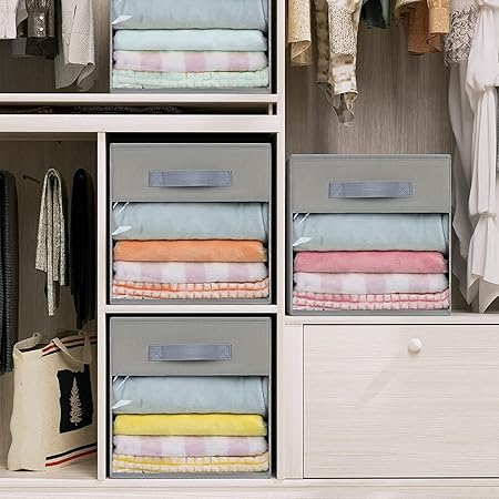 Foldable Storage Cubes Set of 2 Non-Woven Fabric Clothes Organizer with Handles Collapsible Storage Bins Clear Front Window Open-Top Storage Boxes for Shelf Closet(28  28  28cm,Grey)
