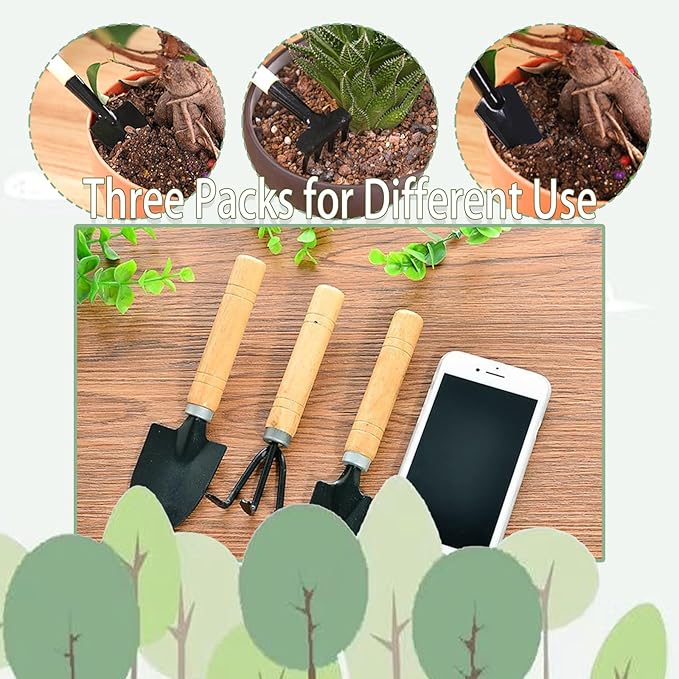3Pcs Gardening Tools, Mini Tool Set Indoor Garden Kit Miniature Gardening RakeTrowel Shovel for Gardening Supplies (Thick Handle)