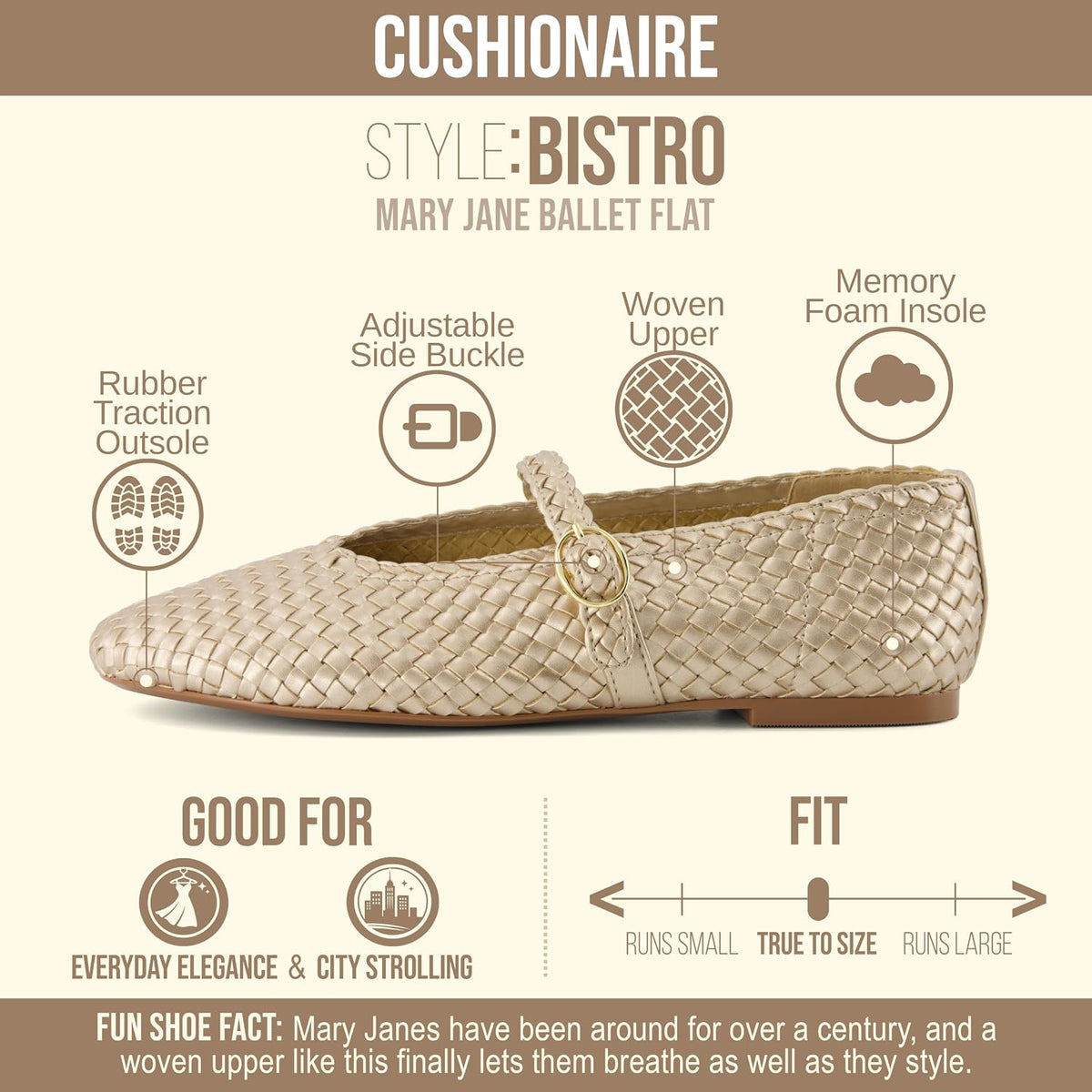 CUSHIONAIRE Bistro Mary Jane Flats for Women, Woven Ballet Flats Shoes with Strap and Memory Foam for All-Day Comfort .