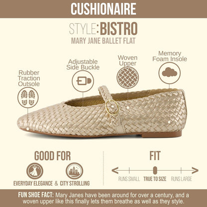 CUSHIONAIRE Bistro Mary Jane Flats for Women, Woven Ballet Flats Shoes with Strap and Memory Foam for All-Day Comfort .