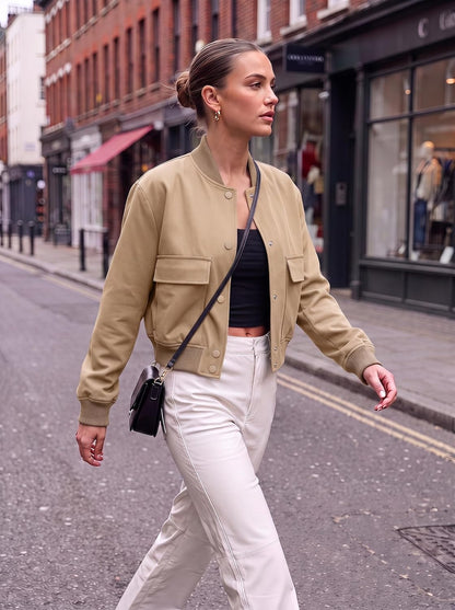 Women's Spring Varsity Bomber Jackets Long Sleeve Cropped Button Down Casual Coat with Pockets Outwear